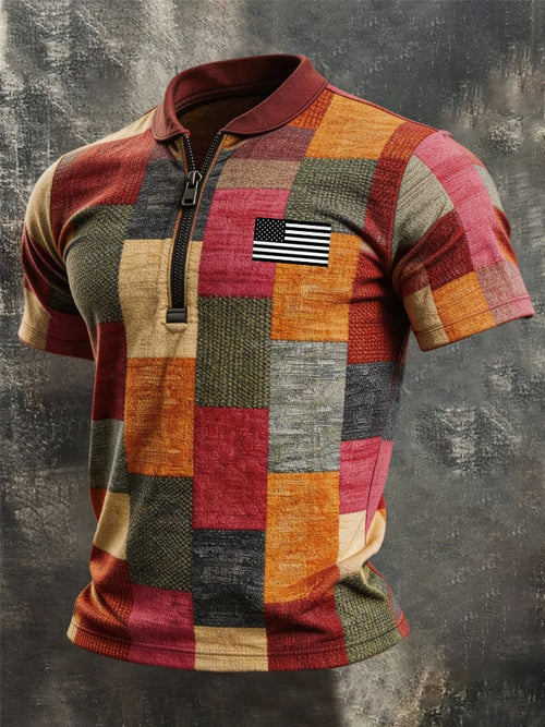 Men's Retro Color-Block Zip-Up T-Shirt