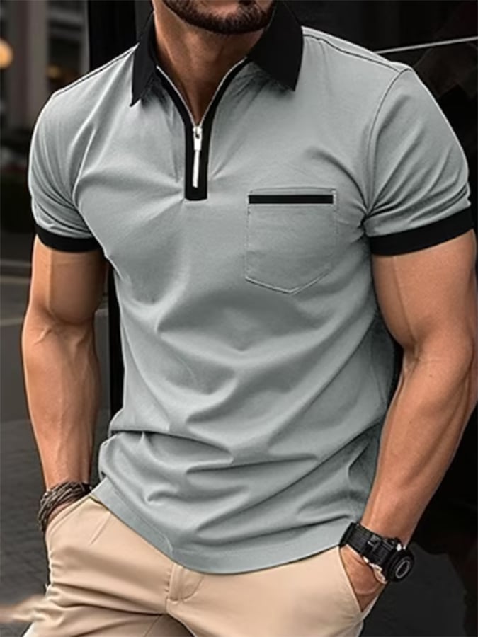 Color-Block Geometric Print Lapel Zipper Pullover Casual Polo Shirt