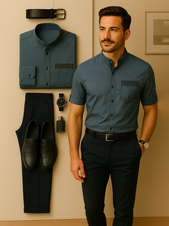 Men's Color Matching High-End Light Luxury Business Casual Short-Sleeved Shirt