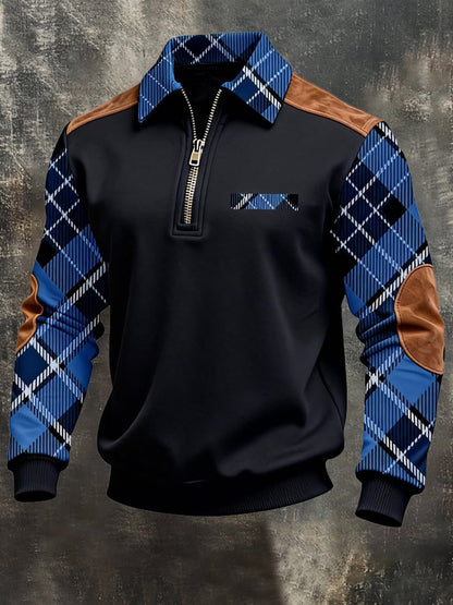 Men's Retro Color Block Print Zipper Sweatshirt