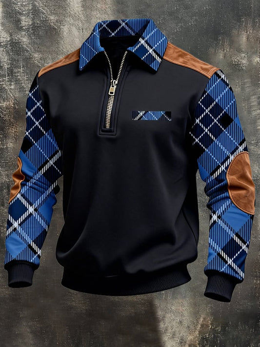 Men's Retro Color Block Print Zipper Sweatshirt