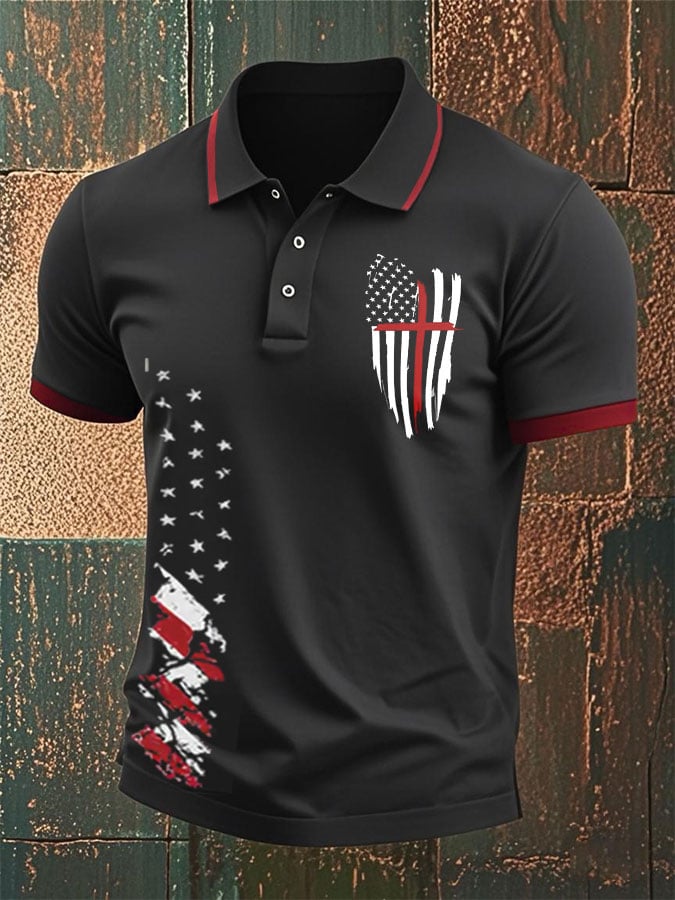 Men's Flag Faith Cross Print Polo Shirt