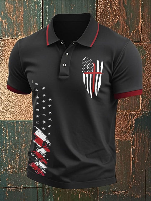 Men's Flag Faith Cross Print Polo Shirt