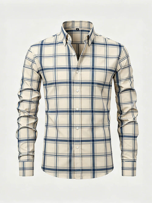 Men's Apricot Color Matching Checkered Printed Long Sleeve Shirt