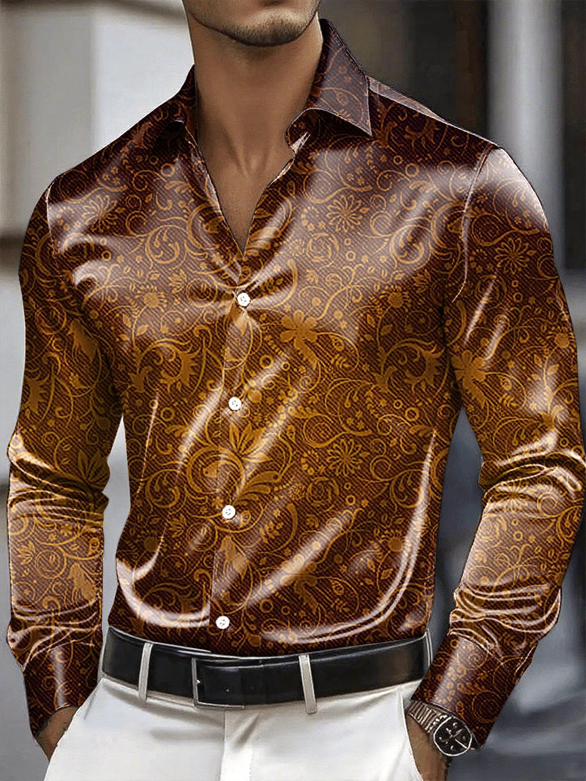 Men's Satin Luxe Long Sleeve Button Down Shirt
