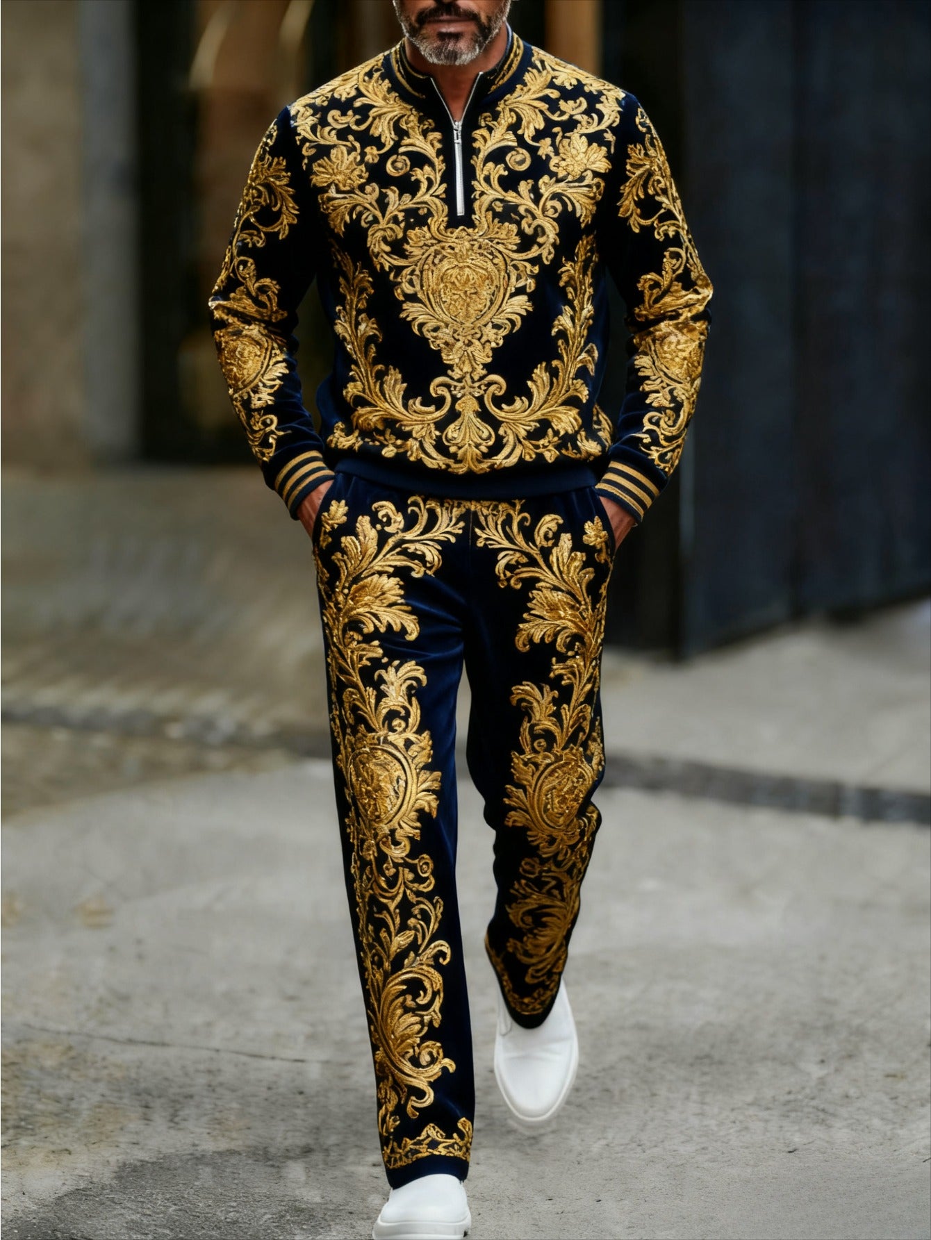 Men's Casual Gold & Black Color Matching Flower Printed Round-Neck Zipper Long Sleeved Trousers Two-Piece Set