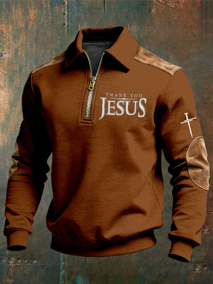 Men's vintage Faith “Thank You Jesus” Design Print Casual Zipper Sweatshirt-Fast Shipping