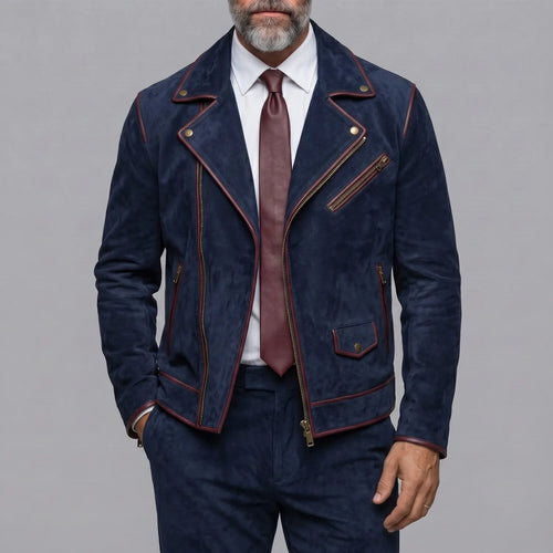 Men's Classic Navy Blue Suede Contrast Piping Asymmetrical Zipper Slim Fit Jacket