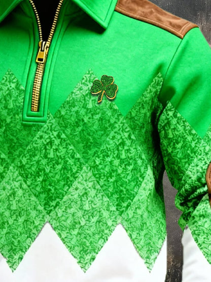 (Detachable Shamrock Brooch Included) Men's St. Patrick's Day Printed Color-Block Zip-Up Hoodie