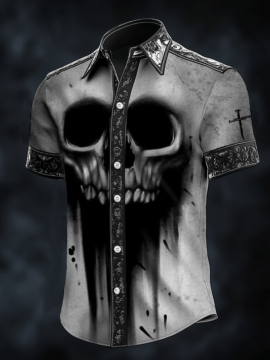Men's Dark Skull Print Satin Short Sleeve Shirt