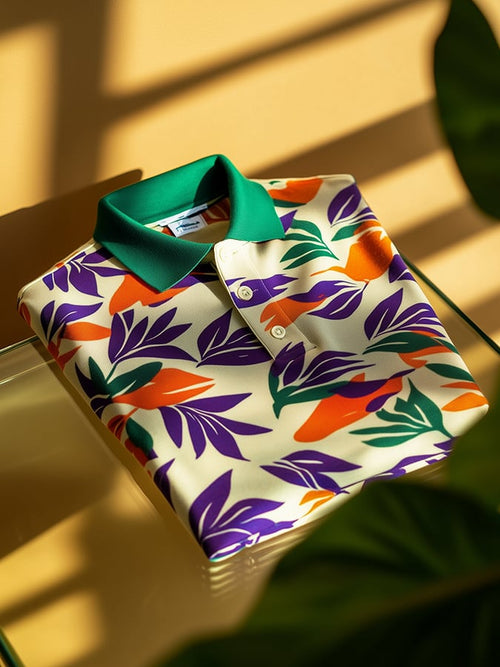 Men's Classic Business Old Money Button Short Sleeve Leaves Polo Shirt