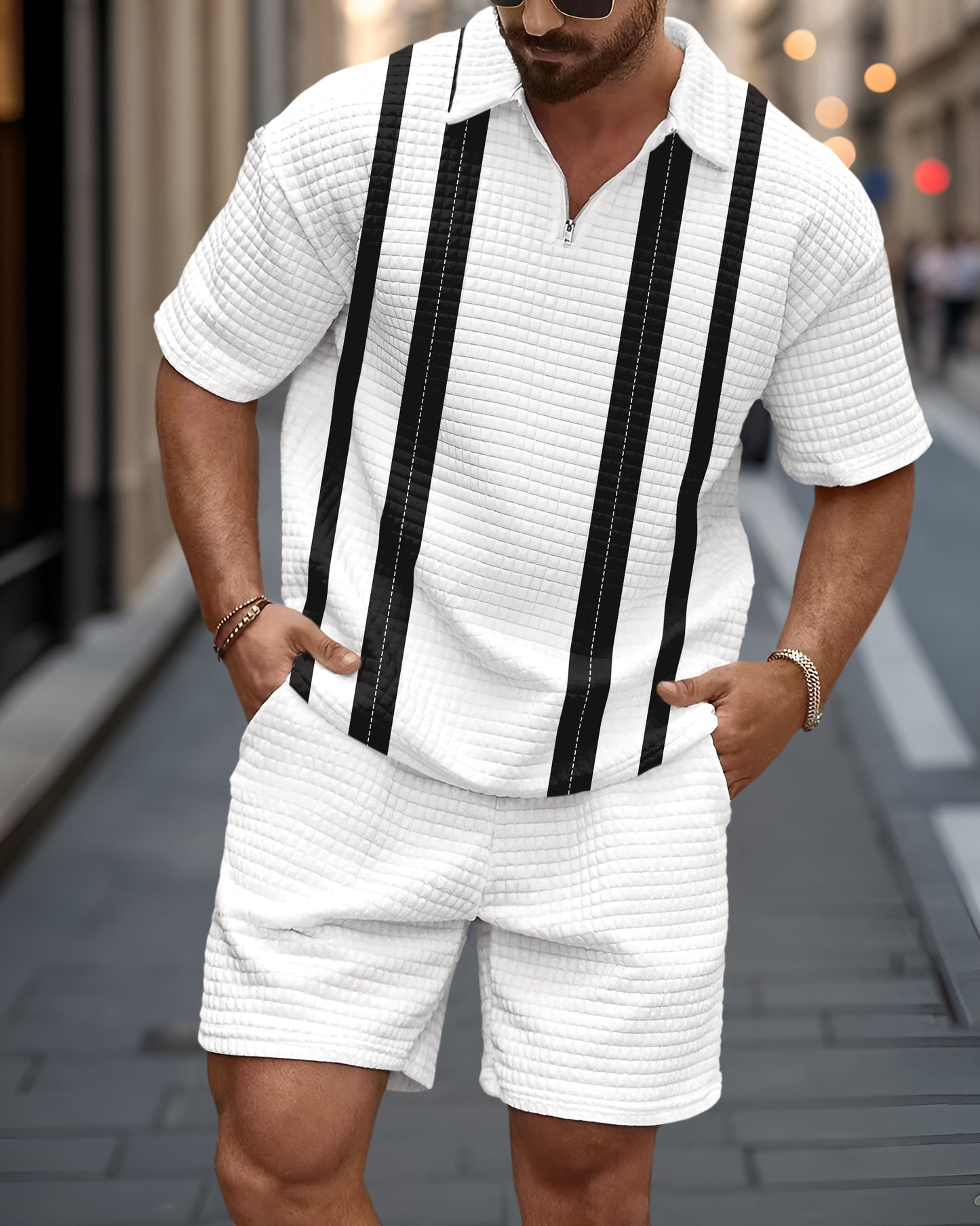 Men's Casual Art Print Waffle Texture Summer Polo Set 067