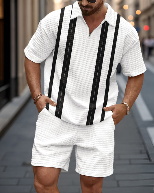 Men's Casual Art Print Waffle Texture Summer Polo Set 067