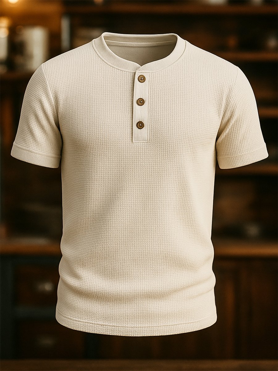 Men's Cotton Waffle Casual Short Sleeve Henley Neck T-Shirt