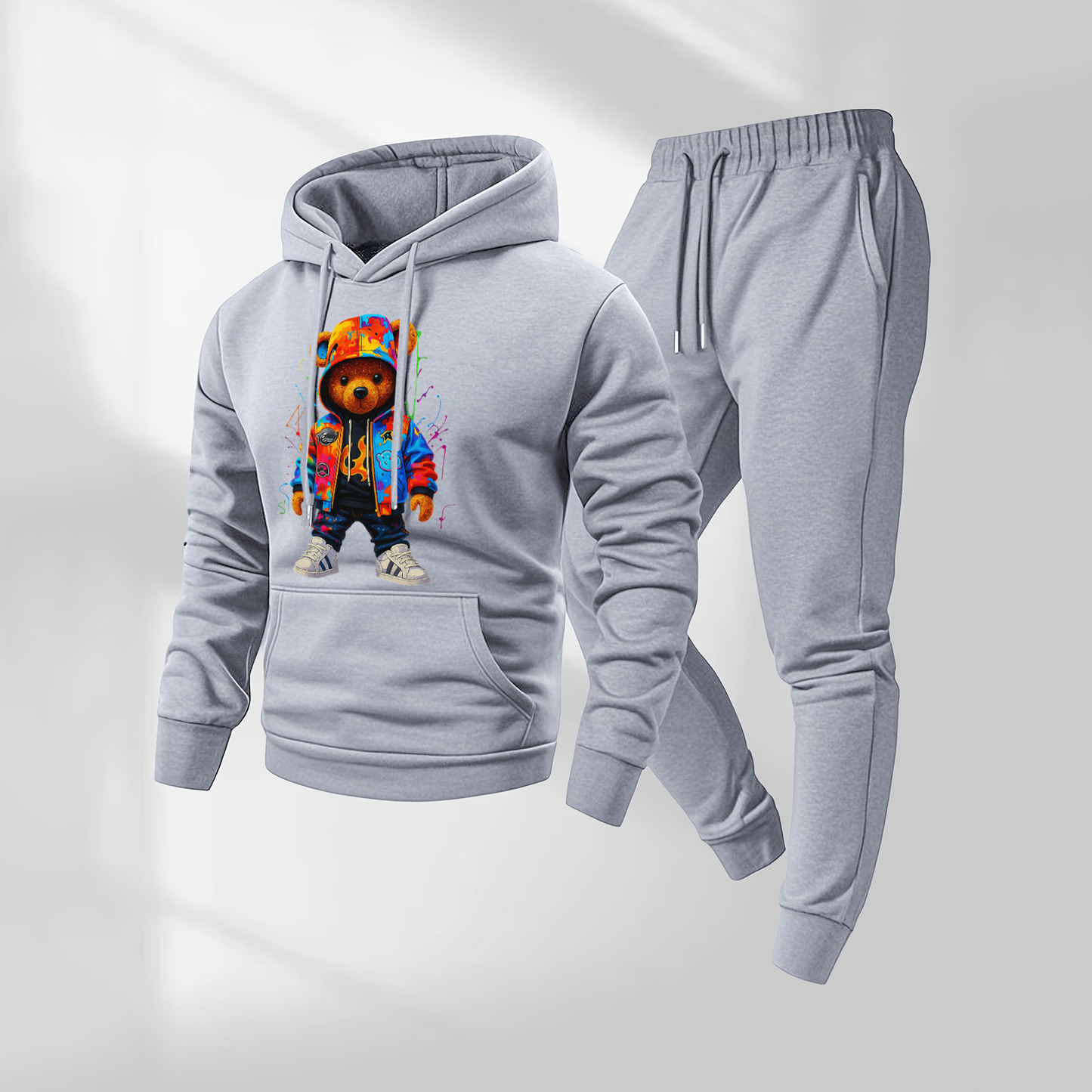 Men's Ink Splatter Cartoon Bear Patterned Hoodie And Drawstring Track Pants Set, Men's Casual Athletic Long-Sleeved Hooded Jacket And Pants, Suitable For Fall And Winter, Street Style Hoodie Set, Indoor And Outdoor Sportswear,