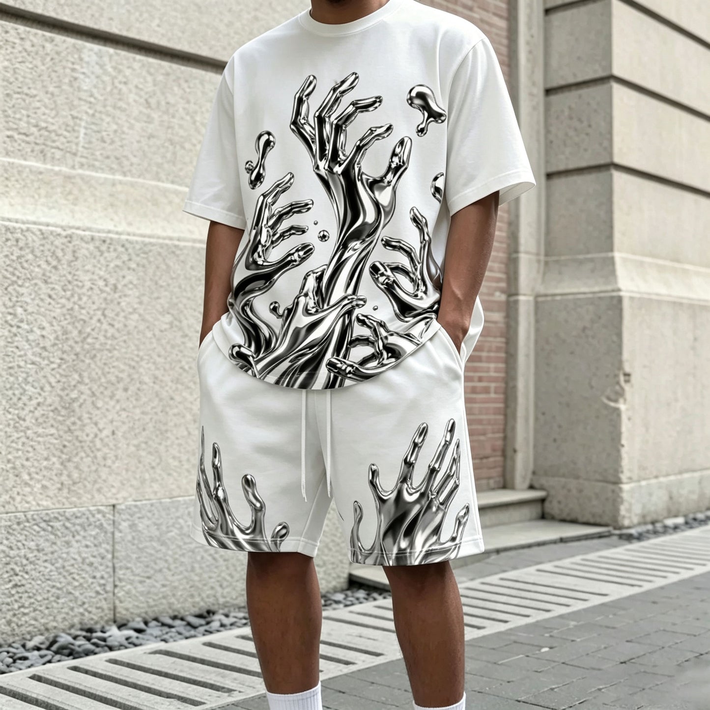 Men's Casual 3D Liquid Metal Silver-Printed Round-Neck Short-Sleeve T-Shirt and Shorts Two-Piece Set