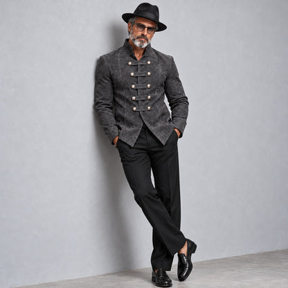 Men's Burgundy Suede Stand Collar Metal Button Slim Fit Vintage Hussar Jacket