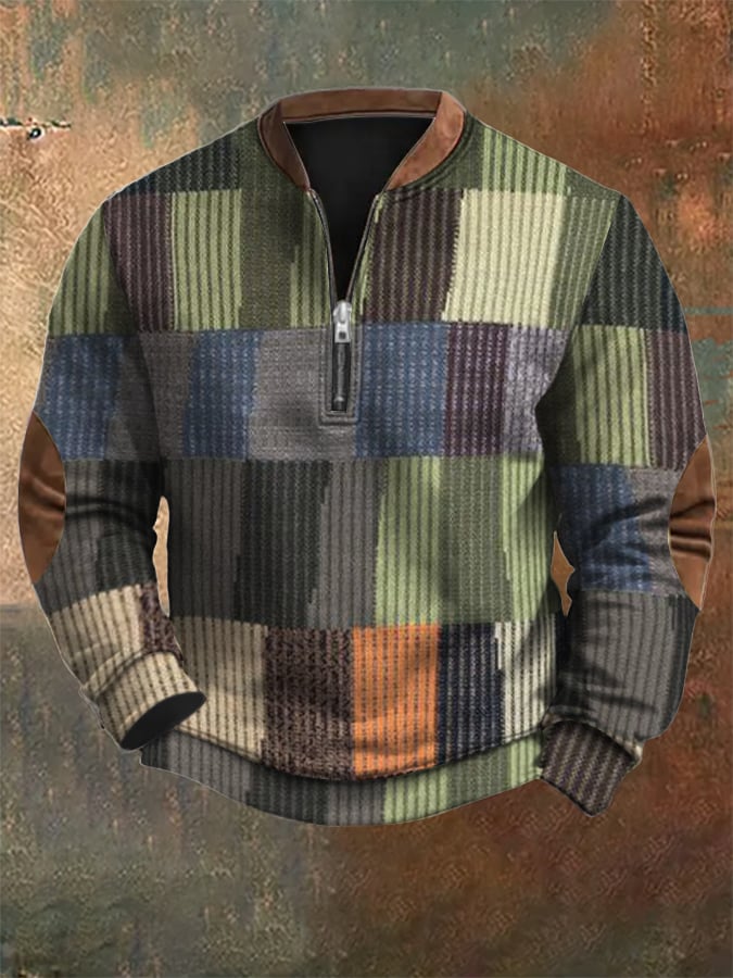 Men's Retro Western Textured Print Zip Collar Sweatshirt