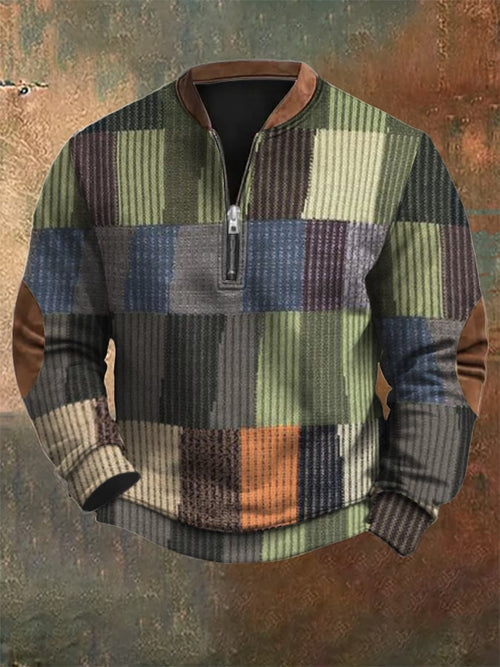 Men's Retro Western Textured Print Zip Collar Sweatshirt