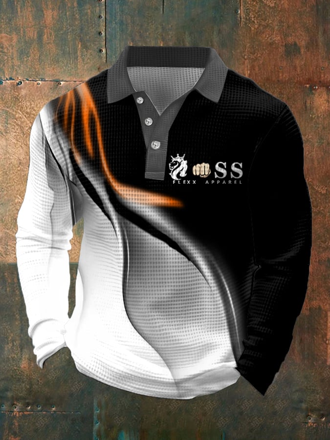 Men's Retro Letter Design Waffle Fabric Long Sleeve Polo Shirt