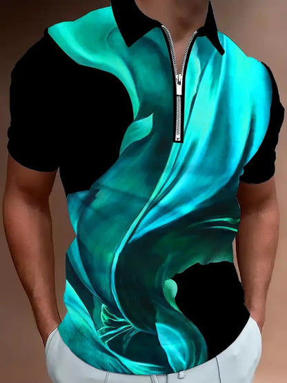 Men's Casual Color Block Zip-Up Polo Shirt
