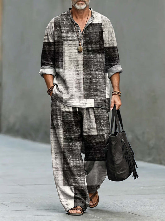 Men's Retro Geometric Patchwork Art Print Cotton Shirt Set
