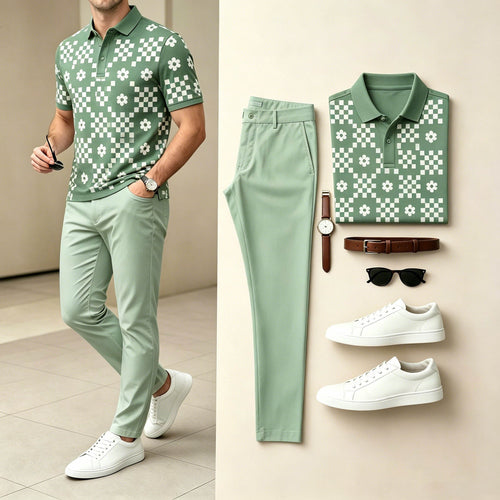 Men's Casual Green & White Color Matching Floral Printed Short Sleeves Polo Shirt & Pants Two-Piece Set