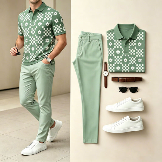Men's Casual Green & White Color Matching Floral Printed Short Sleeves Polo Shirt & Pants Two-Piece Set