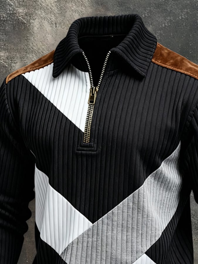 Men'S Vintage Style Color-Block Long-Sleeved Sweatshirt