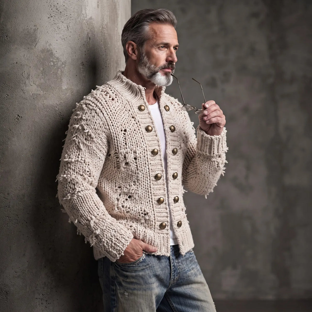 Men's Beige Stand Collar Brass Buttons Vintage Distressed Chunky Knit Cardigan