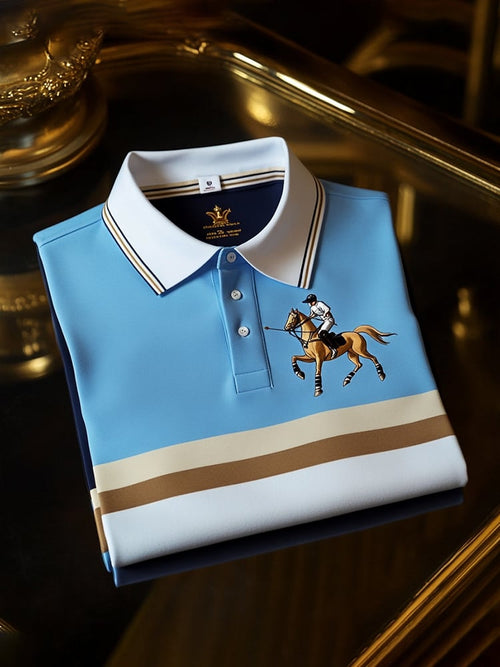 Men's Classic Business Check Logo Button Short Sleeve Polo Shirt