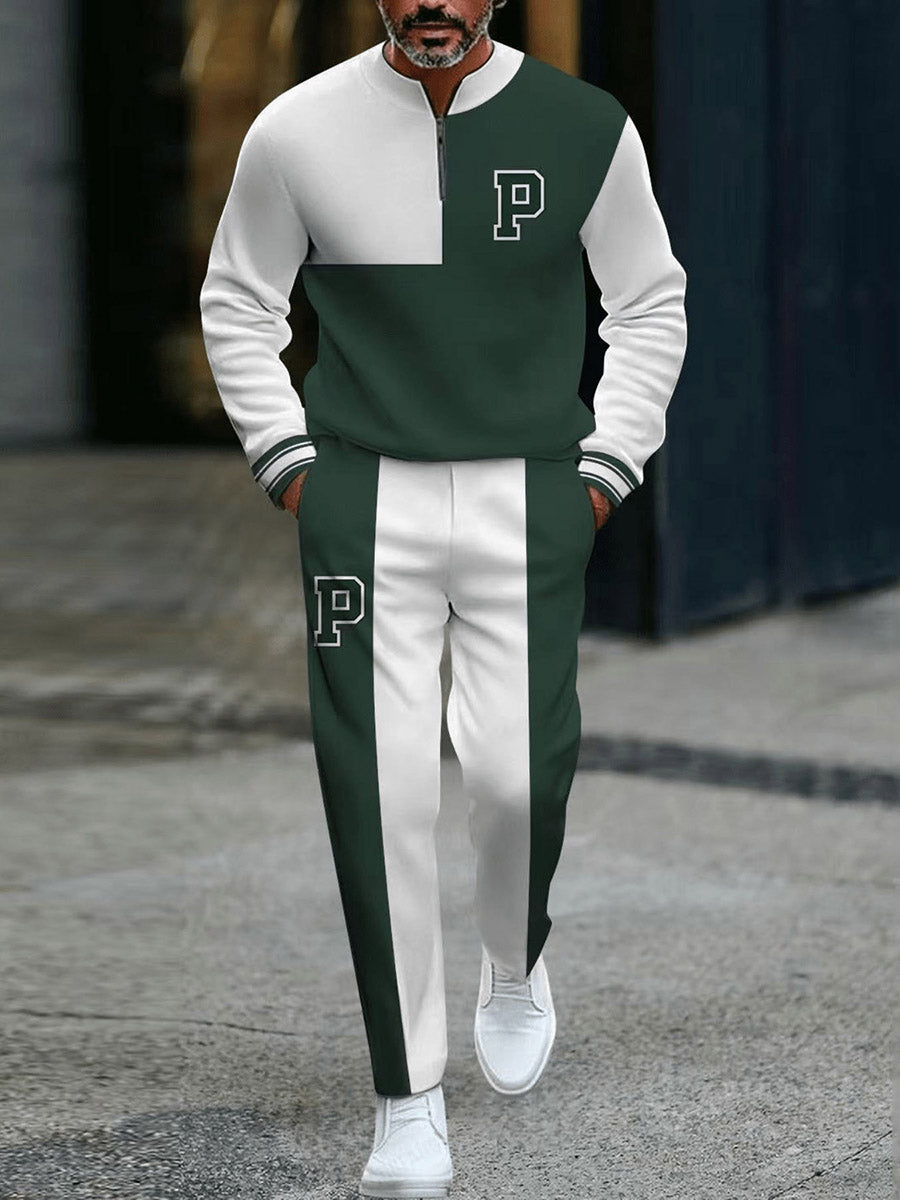 Men's Casual Green & White Color Matching Geometric Printed Round-Neck Zipper Long Sleeved Sweatshirt & Trousers Two-Piece Set