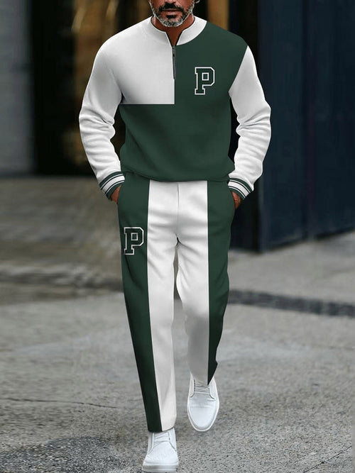 Men's Casual Green & White Color Matching Geometric Printed Round-Neck Zipper Long Sleeved Sweatshirt & Trousers Two-Piece Set