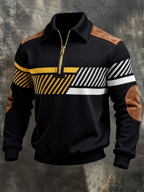 Men's Retro Color Block Print Zipper Sweatshirt