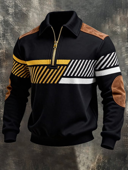 Men's Retro Color Block Print Zipper Sweatshirt