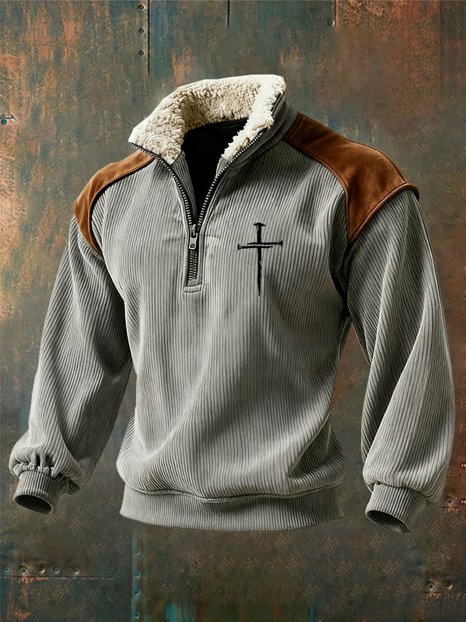 Men's Retro Faith Cross Print Zipper Fur Collar Long Sleeve Sweatshirt