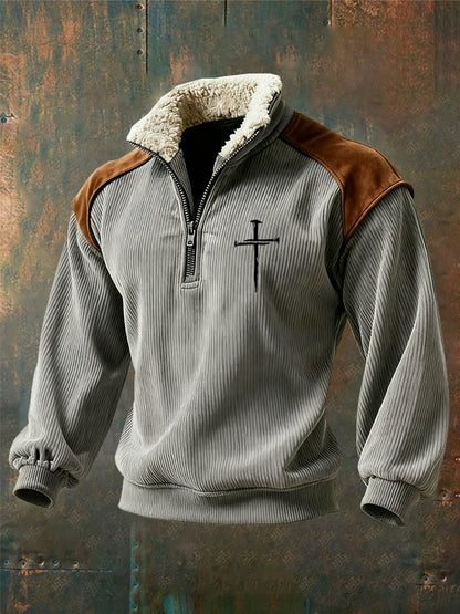 Men's Retro Faith Cross Print Zipper Fur Collar Long Sleeve Sweatshirt