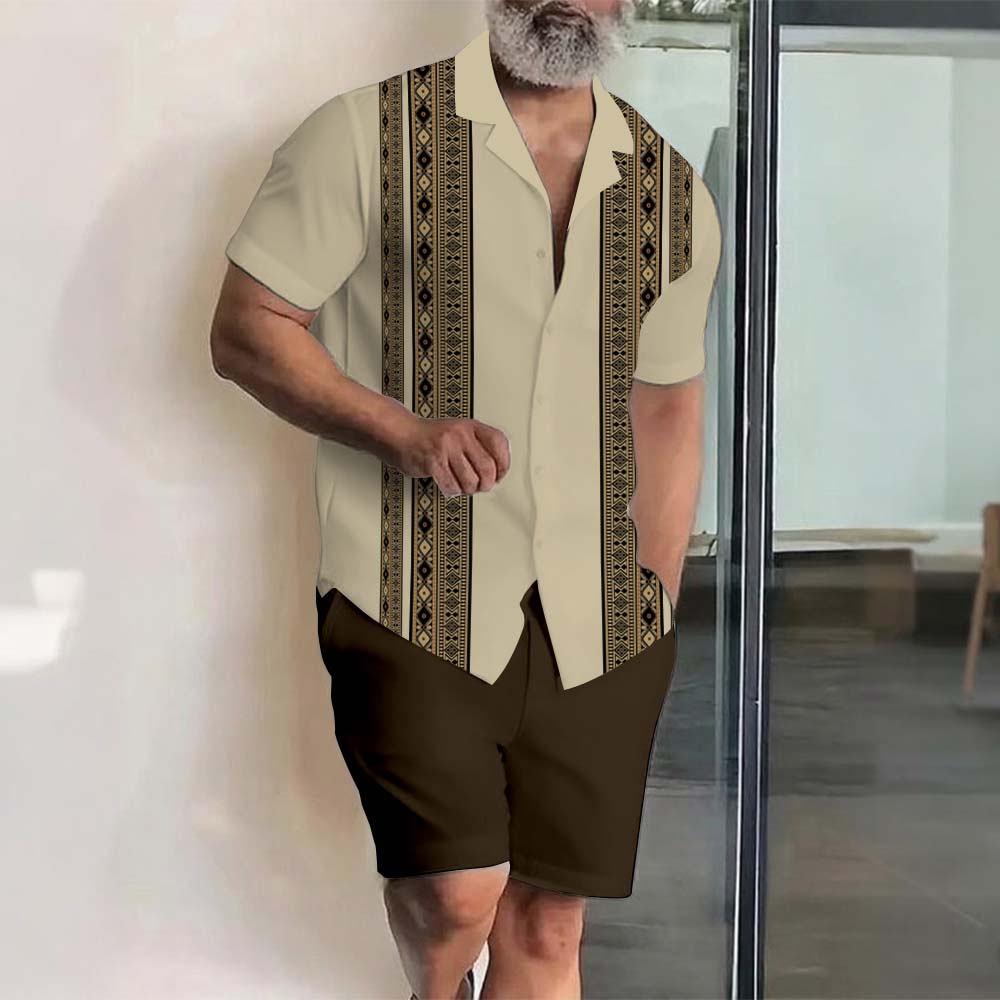 Men's Hawaii Vacation Printed Lapel Collar Short-Sleeved Two-Piece Set
