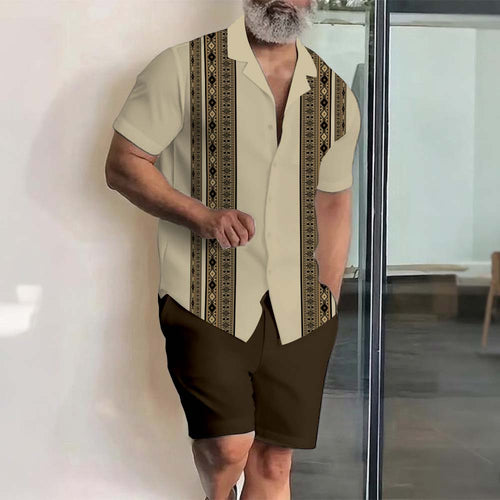 Men's Hawaii Vacation Printed Lapel Collar Short-Sleeved Two-Piece Set