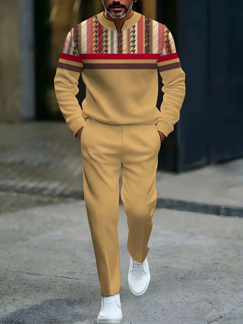 Men's Casual Yellow & Multicolor Geometric Printed Round-Neck Zipper Long Sleeved Tops & Trousers Two-Piece Set
