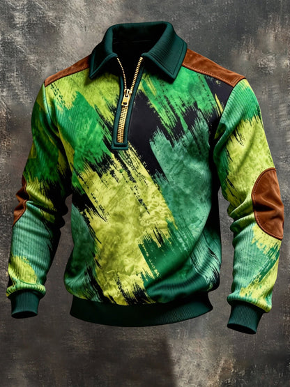 Men's Vintage Color-Block Printed Zip-Up Hoodie