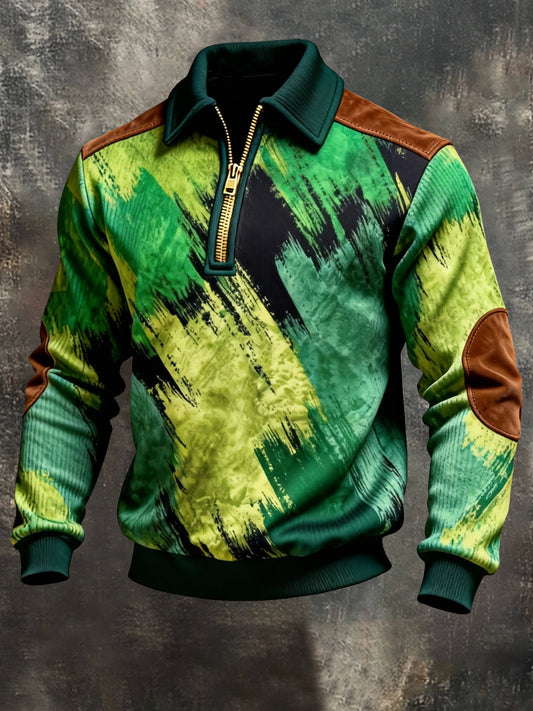 Men's Vintage Color-Block Printed Zip-Up Hoodie