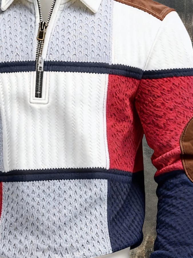 Men's Retro Color Block Print Zipper Sweatshirt
