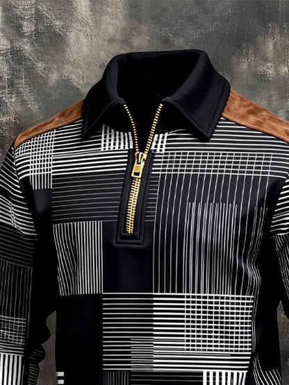 Men's Retro Color Block Print Zipper Sweatshirt