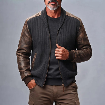 Men's Charcoal Ribbed Knit Shawl Lapel PU Leather Patchwork Long Sleeve Zipper Cardigan