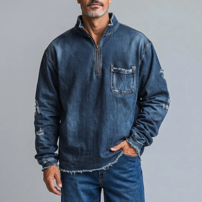 Men's Vintage Stand Collar Half Zip Chest Pocket Frayed Hem Long Sleeve Pullover Denim Sweatshirt