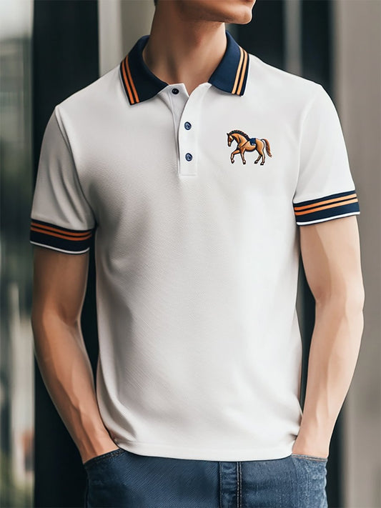 Men's Business Stripe Logo Button-Down Short Sleeve Polo Shirt