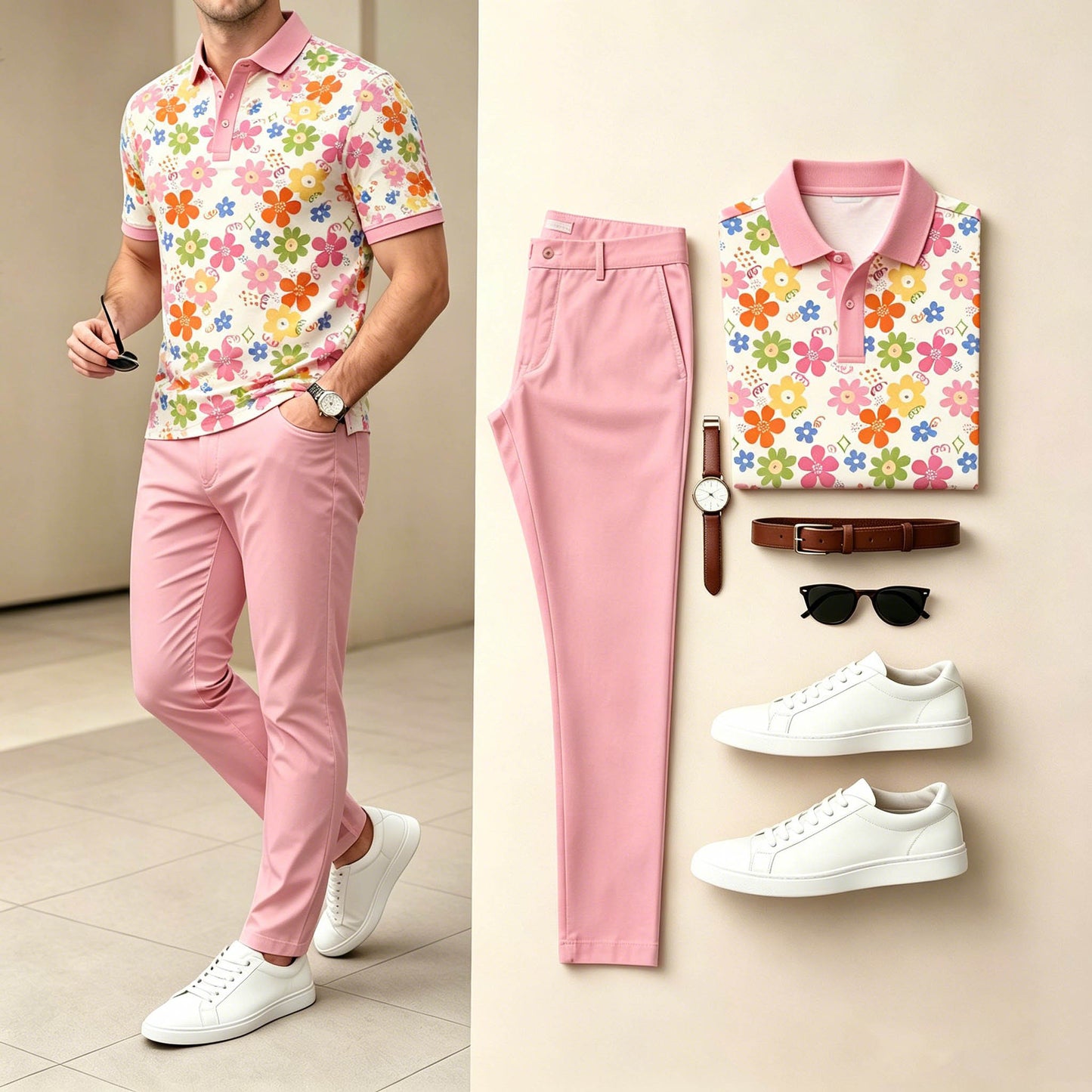 Men's Casual Pink Color Matching Floral Printed Short Sleeves Polo Shirt & Pants Two-Piece Set