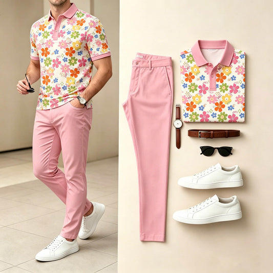 Men's Casual Pink Color Matching Floral Printed Short Sleeves Polo Shirt & Pants Two-Piece Set