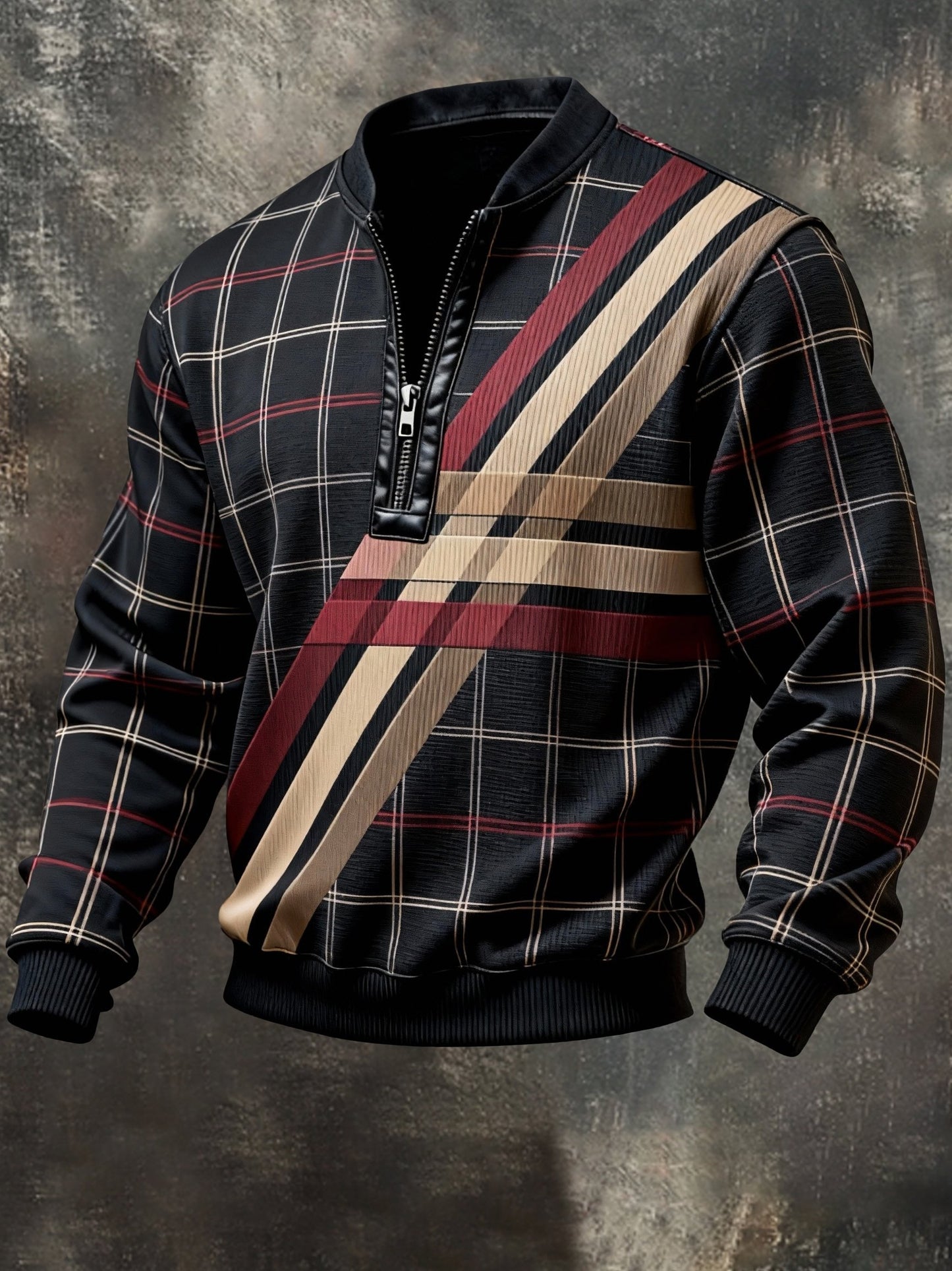 Men'S Casual Retro Contrast Color Half Zip Stand Collar Long Sleeve Sweatshirt